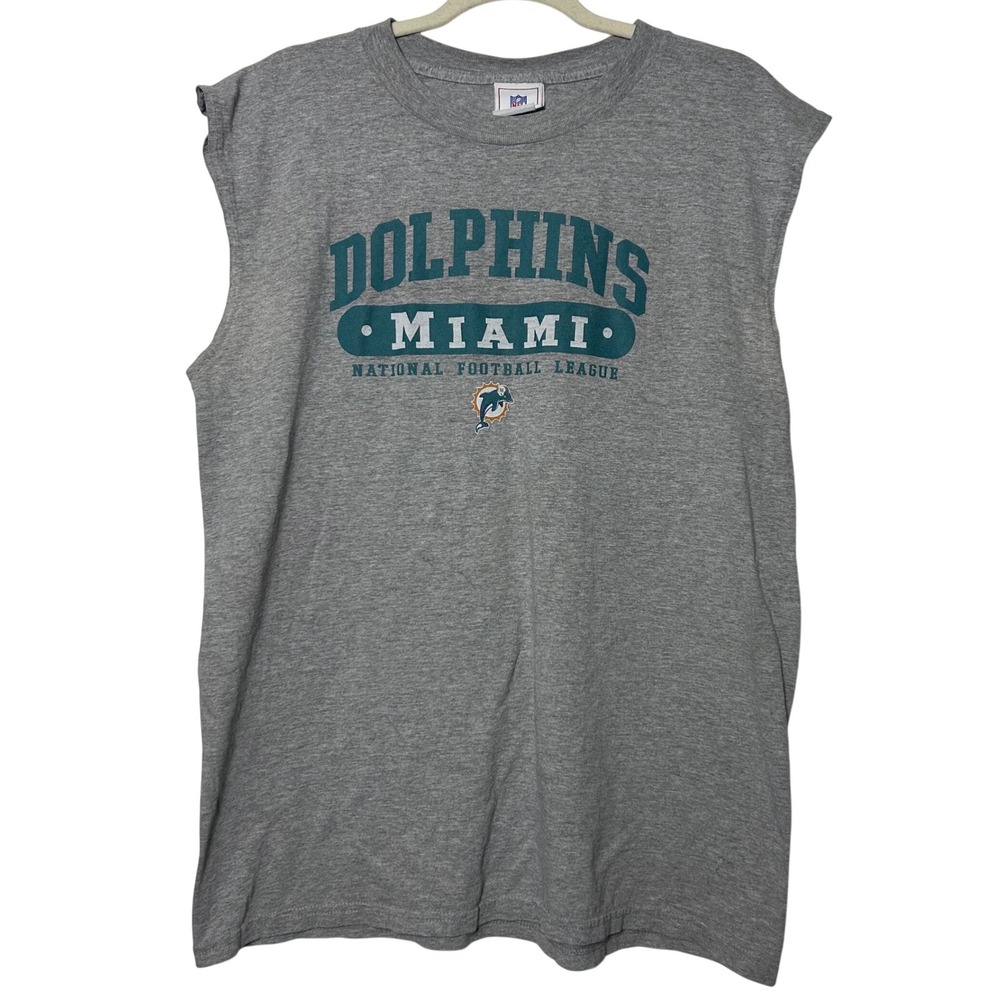 90s vtg Miami Dolphins Muscle Tee Shirt‎ Mens Gray Sleeveless Graphic Logo